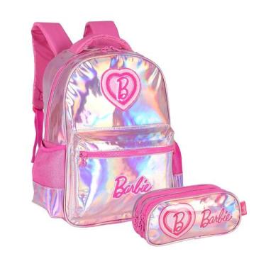 Imagem de Kit Mochila De Costas Barbie Holográfica Com Estojo Triplo, Pink
