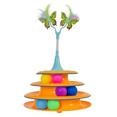 Imagem de Catstages Brinquedo 2 em 1 para gatos com mola de insetos flutuantes – Complemento interativo autônomo ou pista de bola, azul