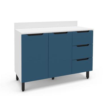 Imagem de Balcão de Cozinha Meena com Tampo 2 Portas 3 Gavetas Azul e Branco
