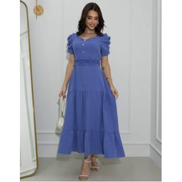 Imagem de Vestido Feminino Manga Princesa Bufante Duna - RezesModa, Azul Jeans, 