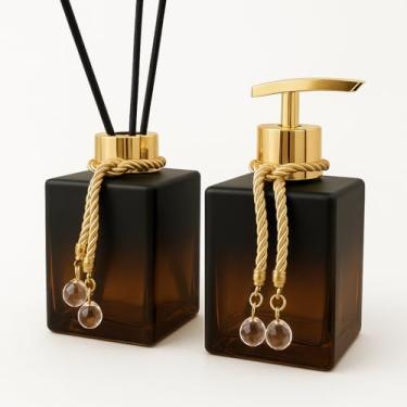 Imagem de Kit Difusor e Saboneteira de Vidro 250ml com Varetas e Cordões Decorativos – Aromatizador Luxo Transparente para Banheiro, Lavabo e Presente Elegante (Marrom Degrade C/Dourado)