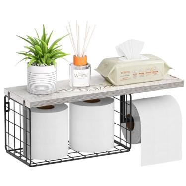 Imagem de VITVITI Suporte de papel higiênico com prateleira, cesta de armazenamento de papel higiênico montado na parede, rolo higiênico de metal de madeira e suporte de lenços para banheiro e fazenda (branco