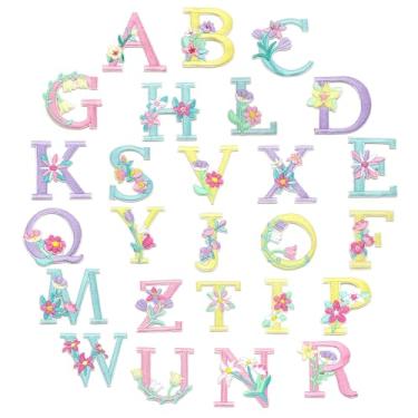 Imagem de 26 peças de apliques de ferro em letras em forma de flor, aplique bordado do alfabeto A-Z, emblema decorativo colorido floral costurado, emblema bordado para mochila, roupas, jeans, jaqueta, chapéu