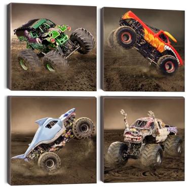 Imagem de Deveosa Pôster de caminhão de 4 peças, imagens temáticas, impressões em tela para sala de jogos, pintura de veículos, decoração de parede para quarto de meninos pequenos