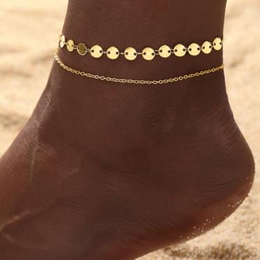 Imagem de Tornozeleira feminina banhada a ouro 14 quilates em camadas com fio duplo em camadas, disco de moeda, tornozeleira hipoalergênica, não mancha, presente de Natal, aniversário, joias modernas, One Size