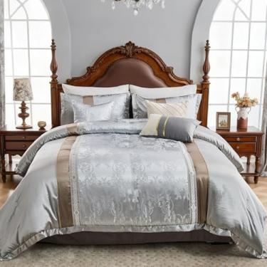 Imagem de Finlonte Conjunto de edredom queen de patchwork floral cinza, 7 peças com estampa de grama, jacquard vintage para todas as estações, conjunto de cama macio, saia para cama, travesseiros e fronhas