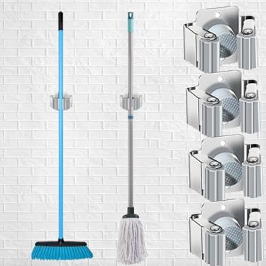 Imagem de Pacote com 4 suportes de vassoura, suporte de parede, suporte organizador de ferramentas de aço inoxidável resistente para ancinho, alças de pá, rack utilitário montado na parede com parafusos (preto)