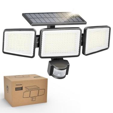 Imagem de PHILIPS Luz de segurança solar externa 302 LED 1200lm, à prova d'água movida a energia solar, holofote montado na parede com sensor de movimento PIR, 3 cabeças, IP65 à prova d'água, 3 modos