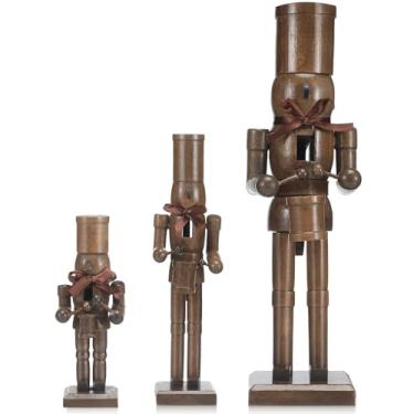 Imagem de Cinnvoice 3 peças de enfeite de quebra-nozes, marrom com fita marrom, madeira, 30 cm, 20 cm, 10 cm, decoração de Natal, bonecos de quebra-nozes de Natal, estatueta de madeira, decorações de férias