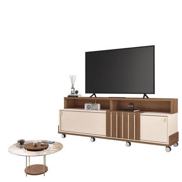 Imagem de Rack Bancada Graci 1.8 Com Mesa De Centro Sky Com Tampo De Vidro Castanho Off White - Hb Móveis