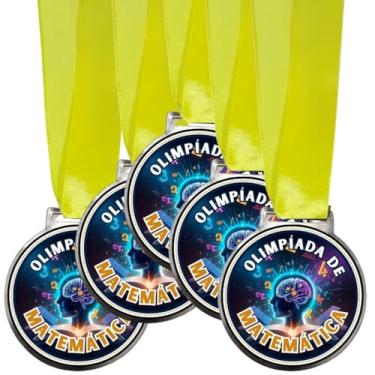 Imagem de Kit 5 Medalhas Para Olimpíadas de Matemática Premiação 50mm Com Fita Amarela