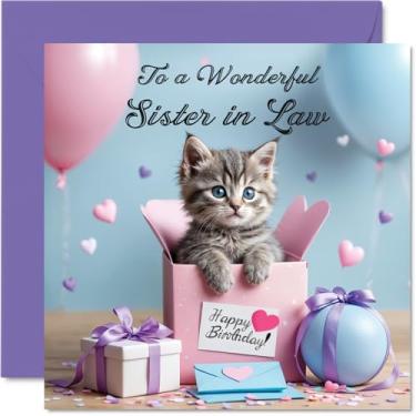 Imagem de Stuff4 Cartão de aniversário Sister in Law - Presente de gato - Cartão de feliz aniversário para cunhada do irmão irmão, cartões comemorativos de presente de gato de 14 cm