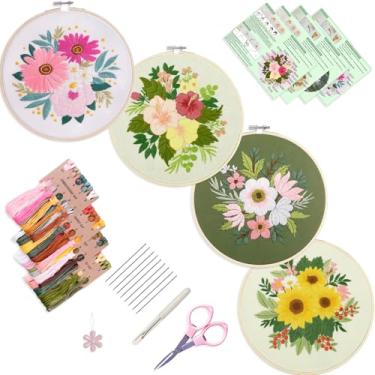 Imagem de 4 conjuntos de kit de bordado para iniciantes, kit de bordado para artesanato de arte e costura prática inclui roupas de bordado com padrão, aros de bordado, instruções, kit de agulhas de linhas coloridas