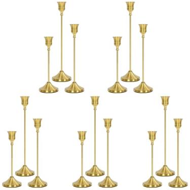 Imagem de Castiçais de 15 peças, castiçal cônico de metal, castiçais dourados de latão para velas de pilar, decorações de mesa de jantar vintage para decoração de festa de casamento, Natal e Halloween