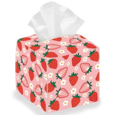 Imagem de DELORIGIN Suporte de caixa de lenços de morango de couro quadrado dobrável papel facial decorativo capa de papel toalha de papel organizador de recipiente para mesa banheiro vaidade bancada casa carro