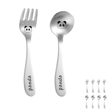 Imagem de Conjunto de colher e garfo de sobremesa de aço inoxidável – 2 mini utensílios para expresso, sorvete, sobremesa e mais disponíveis em dinossauros, pandas, coelhos, gatos e porcos (pandas)