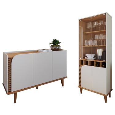 Imagem de Kit Aparador Buffet E Cristaleira Jurere Pes Madeira Maciça Off White Matte/freijo