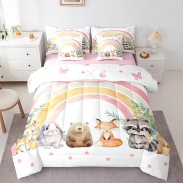 Imagem de Erosebridal Jogo de cama de 7 peças de raposa com desenho de veado, solteiro, urso, guaxinim, lontra, coelho, floral, arco-íris, estampa de borboleta, para crianças, meninos e meninas