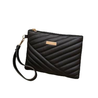 Imagem de Bolsa clutch feminina de luxo acolchoada com design clássico, leve, tamanho médio, carteira com zíper, Preto, Small