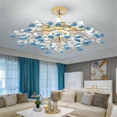 Imagem de Lustre de cristal criativo com pingente, luminária de LED em formato de flor de cerâmica para decoração de sala de estar e jantar (azul, 70 cm de diâmetro (1 peça))