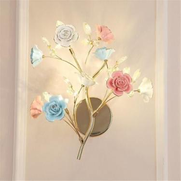 Imagem de Luminária de parede contemporânea em cerâmica com flor de rosa, LED, estilo campestre francês, criativa, para sala de estar, restaurante, quarto, menina, casa de campo, corredor, luminária d