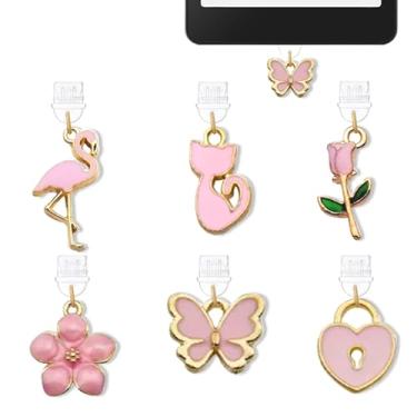 Imagem de 6 peças de pingentes para Kindle Flamingo rosa gato plugue de poeira, pingente de acessórios E-Reader, compatível com tablets Kindle tipo C portas de carregamento, presentes para mãe, irmã, professora