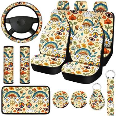 Imagem de Conjunto completo de capas de assento de carro Boho Rainbow Star, conjunto completo para mulheres, capa de volante de margarida, almofadas de ombro, almofada de apoio de braço, chaveiro com alça de pulso, porta-copos, assento de automóvel, protetor de caminhão SUV