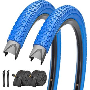 Imagem de SIMEIQI Pacote com 2 pneus e tubos de bicicleta 66 x 6,125 centímetros praia Cuirser pneus de bicicleta vermelho ou azul (azul, 26 x 2,125)