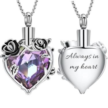 Imagem de Colar de urna de cremação de flor de rosa para cinzas, joia memorial de cristal de coração para mulheres, pingente de lembrança de urna, suporte de medalhão em memória de animal de estimação humano