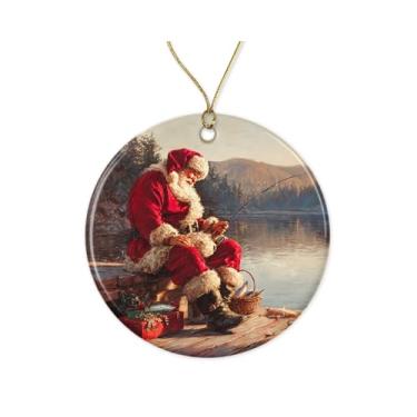 Imagem de Enfeite de pesca de Papai Noel - Enfeites de Natal engraçados - Amantes de pesca - Presente para pescadores - Decoração de Natal - Lembrança de Natal de cerâmica impressa em ambos os lados