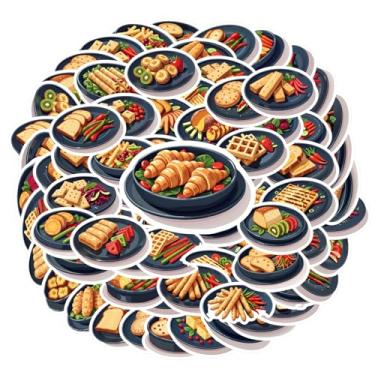 Imagem de 70 peças de adesivos culinários de comida, lanches, refeições, brinquedos de papelaria, adesivos deliciosos, pacote de adesivos para mala, geladeira, telefone, bagagem, laptop, guitarra, carro