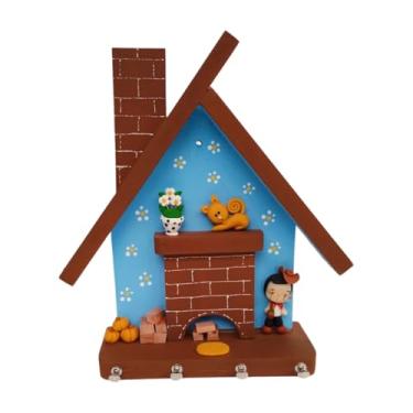 Imagem de Porta-Chaves Decorativo em MDF, Casa Rústica Suporte de Parede com 4 Ganchos, Tema Chalé