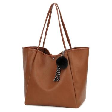 Imagem de TANTOMI Bolsa feminina de couro vegano, bolsa de ombro grande à prova d'água para viagens, Marrom