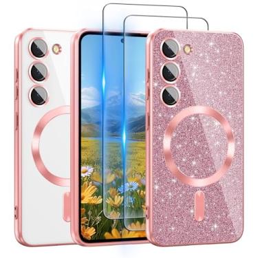Imagem de Capa para Galaxy S23+ Plus compatível com MagSafe, [cartão de glitter e 2 peças de películas HD] Linda capa brilhante brilhante [nunca amarela], fina, à prova de choque, antiarranhões, capa