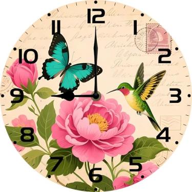 Imagem de Dlonvoh Relógio vintage flor francesa pássaro beija-flor borboleta madeira relógios de parede sem moldura operado por bateria quartzo silencioso relógio decorativo redondo rústico para casa sala de