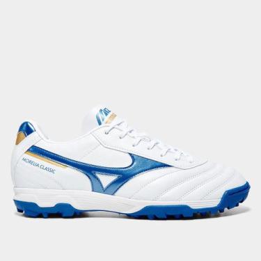 Imagem de Chuteira Society Mizuno Morelia Classic Unissex, Branco, Azul, 38
