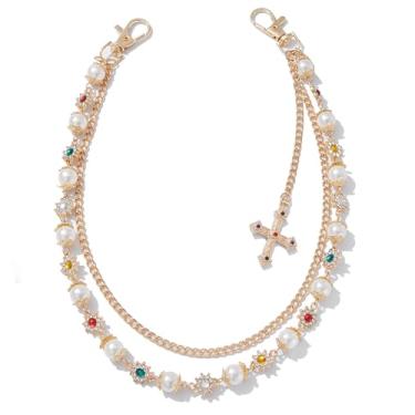 Imagem de NREDXOON Corrente jeans Y2K dourada - calça conversível em camadas e corrente carteira com flor de cristal e pingente de cruz barroca para mulheres e meninas (GoldClassic)