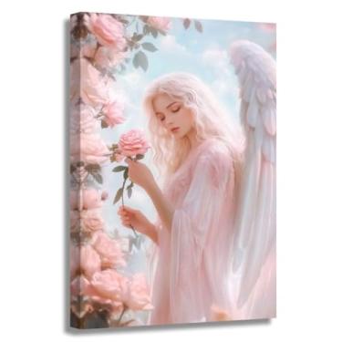 Imagem de ZSHARTSWD Arte de parede de anjo rosa anjo e asas imagens abstratas menina com flores rosas impressão em tela pinturas femininas elegantes para quarto feminino decoração de casa emoldurada (branco