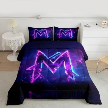 Imagem de Feelyou Conjunto de edredom com espada cruzada, solteiro, letra M, presente para gamers, adolescentes e homens, edredom legal, tema de batalha, decoração de quarto, 2 peças com 1 fronha
