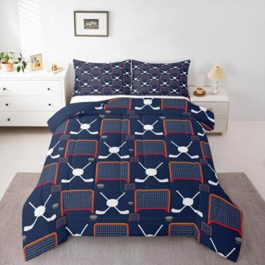 Imagem de Jogo de cama casal de hóquei no gelo, conjunto de cama com gol de hóquei no gelo, azul, para crianças, meninas, meninos, geométrico, eventos esportivos de inverno, hobby e atividades, decoração para