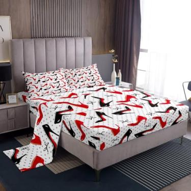 Imagem de Manfei Jogo de lençol Queen com sapatos de salto alto, princesa, preto, laço francês, cinza, bolinhas, moderno, vermelho, preto, salto alto, lençol com elástico, 2 fronhas