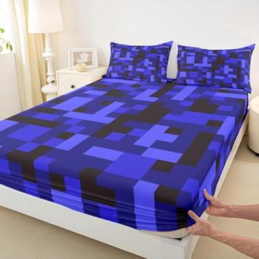 Imagem de Jogo de lençol solteiro Pixelated Blocks infantil, camuflagem, mineiros, jogo de meninos e meninas, decoração de quarto geométrico, preto azul escuro, 1 fronha (sem plano)