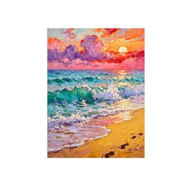 Imagem de Quadro raia em tela-Impressionismo Mar Paisagem Colorida Sol-Arte moderna Pintura para sala de estar decoração casa 60x80cm Sem Moldura