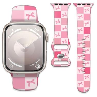 Imagem de Pulseiras esportivas compatíveis com Apple Watch séries 10, 9, Ultra, 8, 7, 6, 5, 4, 3, 2 e 1 de 42 mm, 44 mm, 45 mm, 46 mm, 49 mm, femininas, masculinas, Arco de tabuleiro de xadrez rosa, 38/40/41