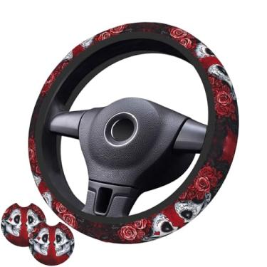Imagem de Capa de volante de casal esqueleto com 2 porta-copos de carro antiderrapante de neoprene para mulheres e homens, conjunto universal de 38 cm, elegante e prático
