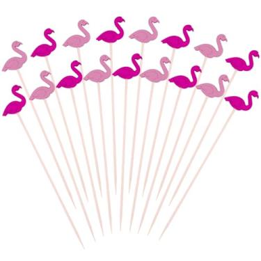 Imagem de 200 palitos de flamingo, palitos de bambu natural de 4,7 polegadas, palitos de espeto de flamingo vermelho rosa para aperitivos, bolo, sobremesa, comida, frutas, decorações de festa