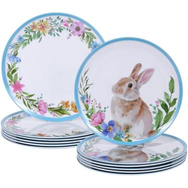 Imagem de Conjunto de pratos de jantar de melamina de Páscoa de 12 peças - pratos verdes inquebráveis de 25 cm para festas de primavera, conjunto de utensílios de mesa leves e duráveis com estampa de coelho