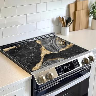 Imagem de Protetor de tampa superior de fogão elétrico de mármore preto dourado, tapete de fogão plano de vidro, tapete de fogão de indução de forno resistente ao calor para tapetes de bancada de cerâmica
