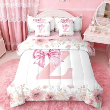 Imagem de Erosebridal Conjunto de cama king com letra Z, lindo laço rosa, floral de primavera com lençol para meninas, estilo princesa sonhadora, 7 peças