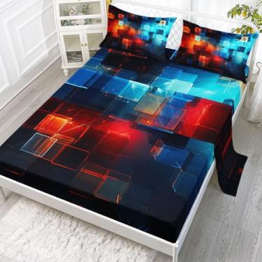 Imagem de Smell Sunshine Jogo de lençol solteiro com estampa de cubos geométricos azuis, 4 peças, para adolescentes, meninos, meninas, com 1 lençol de cima e 1 lençol com elástico + 2 fronhas